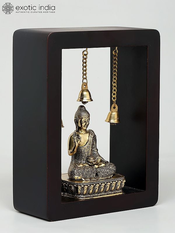 Exotic India 8" Wood Framed Superfine Sitting Lord Buddha In Brass | Wall Hanging 