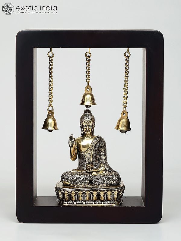 exotic india 8" Wood Framed Superfine Sitting Lord Buddha in Brass | Wall Hanging 