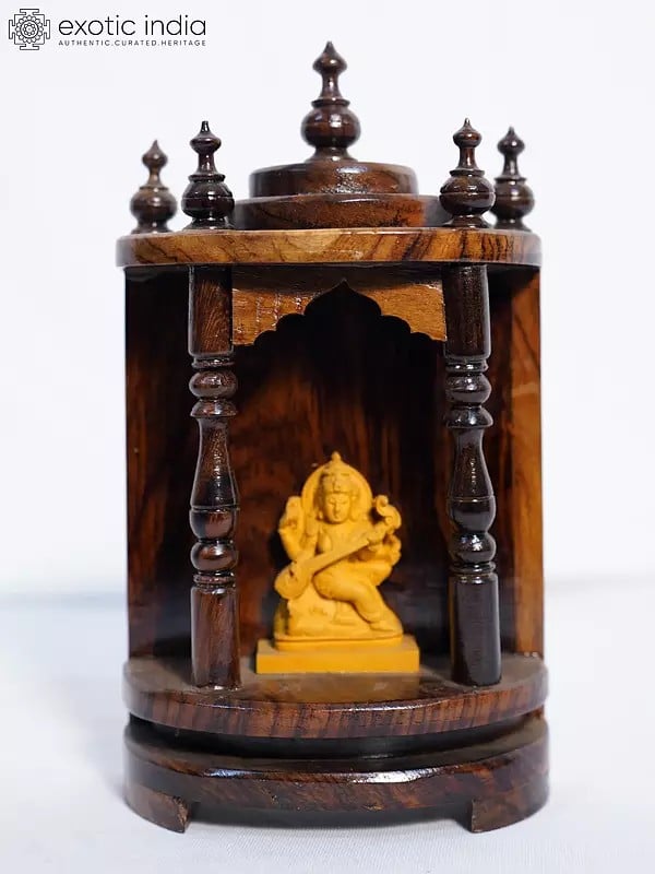 exotic india 8" Wood Puja Temple For Home | Handmade Rosewood Home Decor Item 