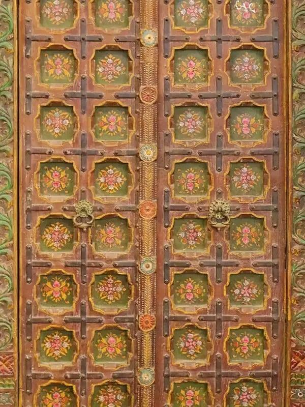 Exotic India 80" Large Floral Design Indian Wood Door With Attractive Carving | Hand Carved Wood Door 