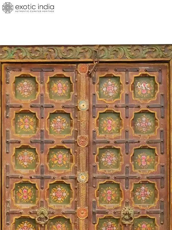 Exotic India 80" Large Floral Design Indian Wood Door With Attractive Carving | Hand Carved Wood Door 
