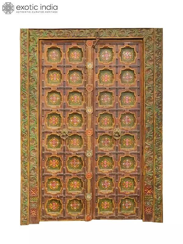 exotic india 80" Large Floral Design Indian Wood Door With Attractive Carving | Hand Carved Wood Door 