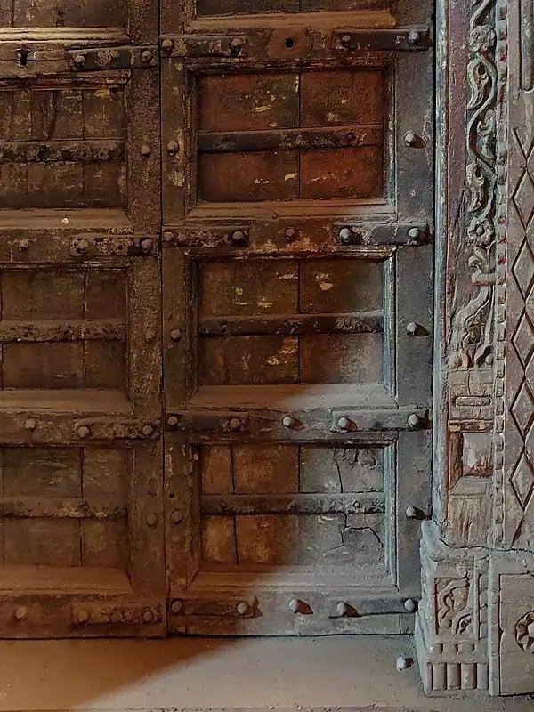 Exotic India 80" Large Wood Door And Flower Design In Frame | Antique Door 