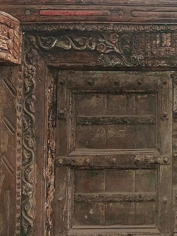 Exotic India 80" Large Wood Door And Flower Design In Frame | Antique Door 