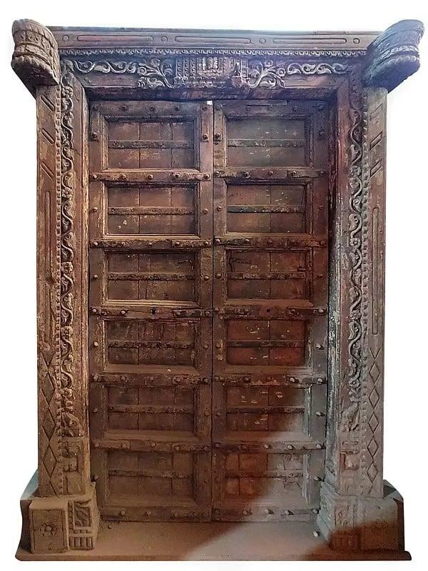 exotic india 80" Large Wood Door And Flower Design In Frame | Antique Door 