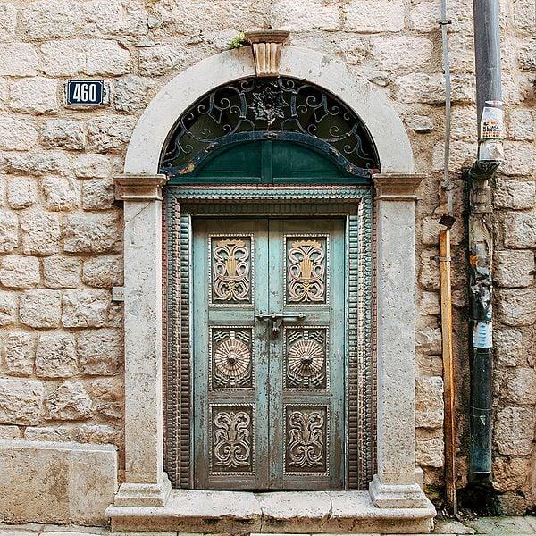 Exotic India 81" Large Old Designer Pattern Wood Door With Frame