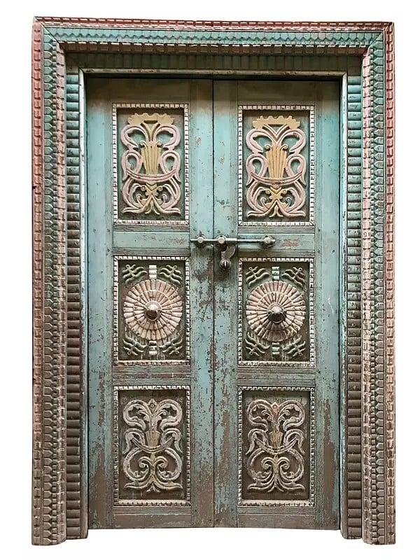 exotic india 81" Large Old Designer Pattern Wood Door With Frame 
