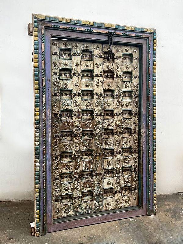 Exotic India 81" Large Vintage Indian Teak Wood Door With Knock