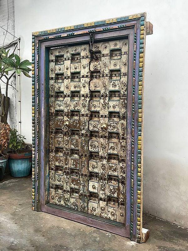 Exotic India 81" Large Vintage Indian Teak Wood Door With Knock