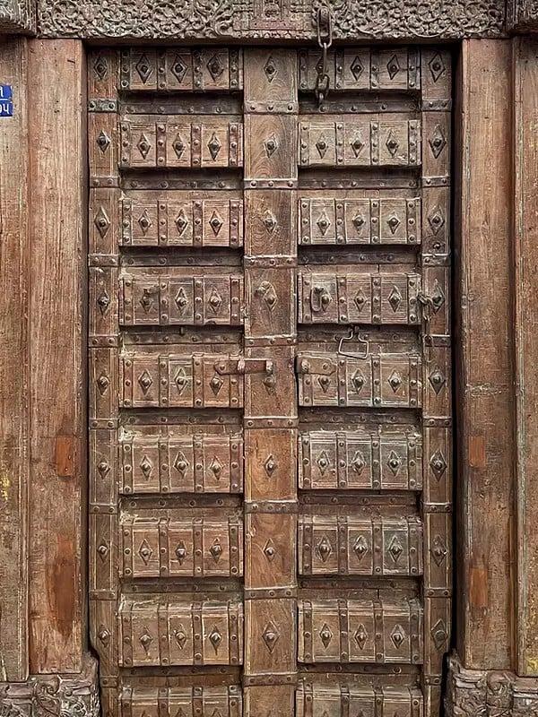 Exotic India 83" Large Traditional Hand Carved Antique Old Teak Wood Door 
