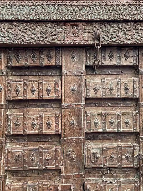 Exotic India 83" Large Traditional Hand Carved Antique Old Teak Wood Door 