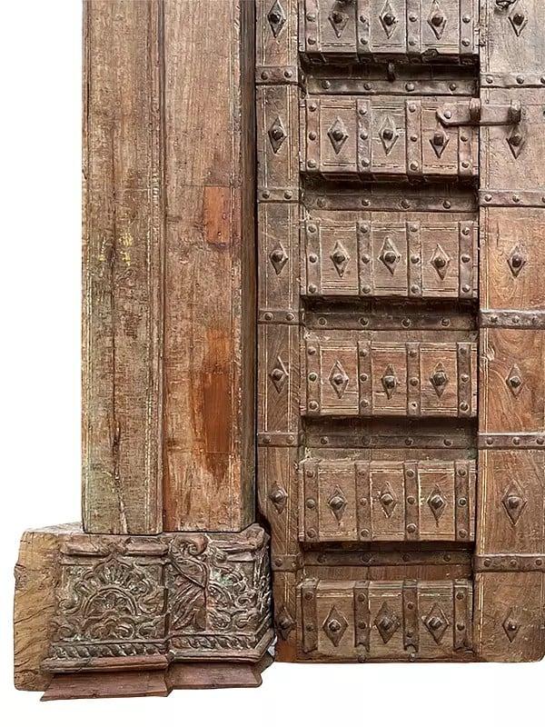 Exotic India 83" Large Traditional Hand Carved Antique Old Teak Wood Door 