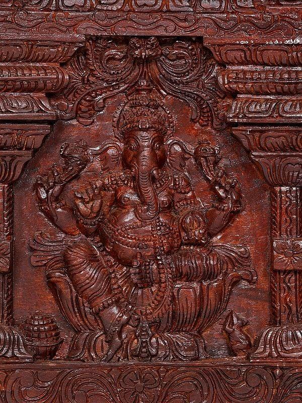 Exotic India 84" Huge Lakshmi Ganesha Saraswati Panel | Wood Carving 