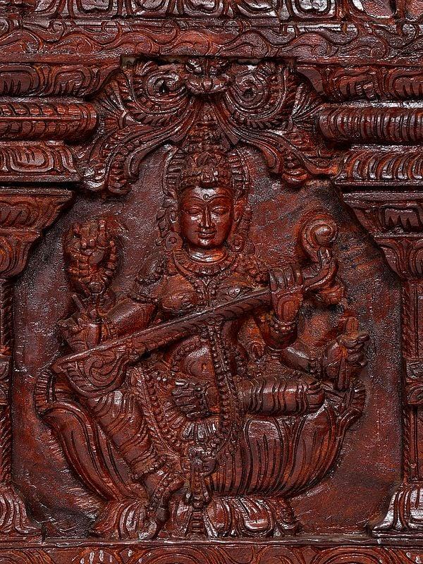Exotic India 84" Huge Lakshmi Ganesha Saraswati Panel | Wood Carving 