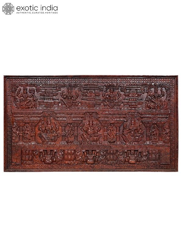 exotic india 84" Huge Lakshmi Ganesha Saraswati Panel | Wood Carving 