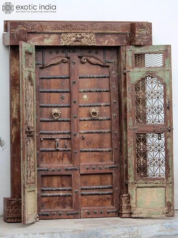 Exotic India 84" Large Handcarved Traditional Wood Door With Designer Top And Frame | Wood Door 
