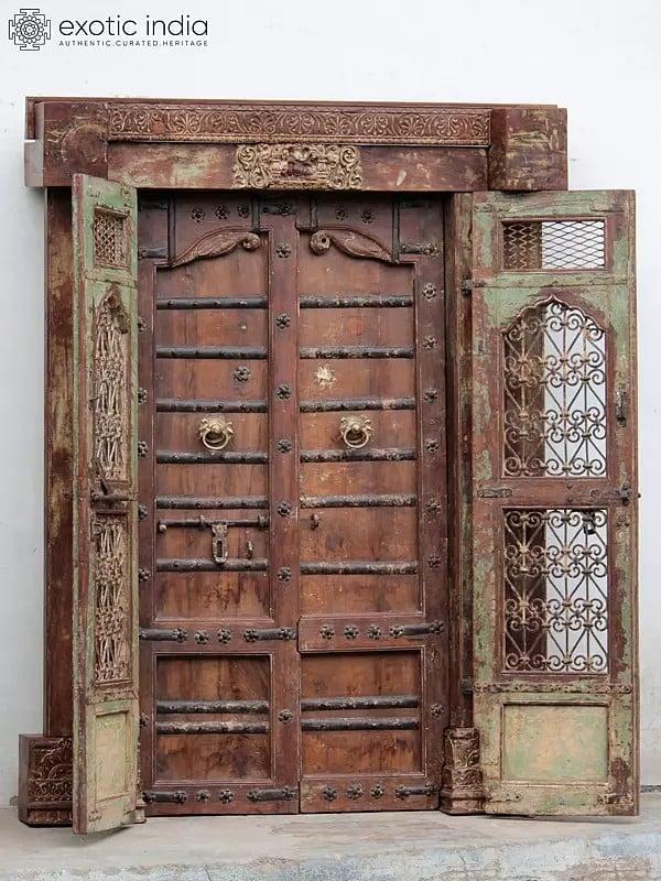 Exotic India 84" Large Handcarved Traditional Wood Door With Designer Top And Frame | Wood Door 