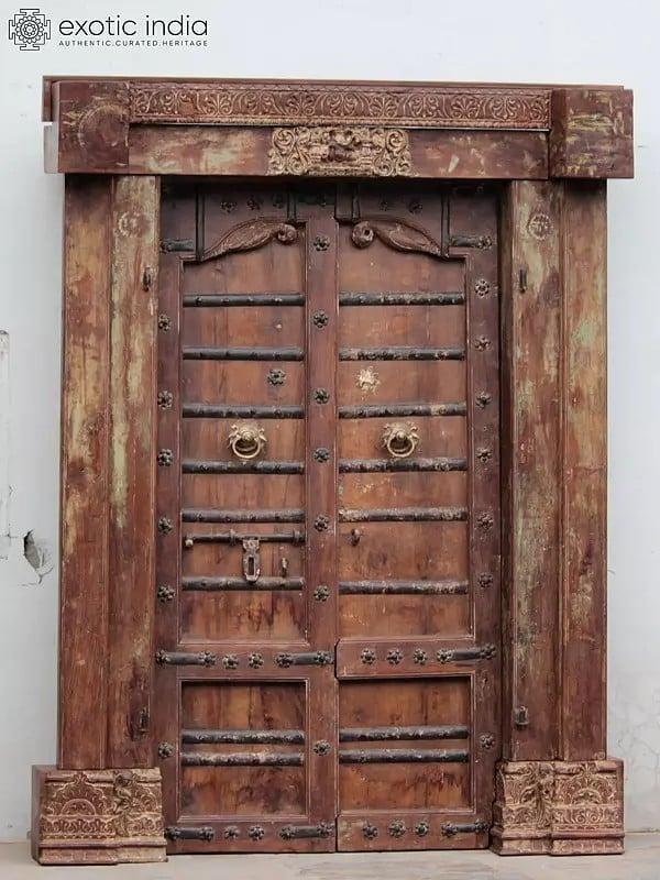 Exotic India 84" Large Handcarved Traditional Wood Door With Designer Top And Frame | Wood Door 