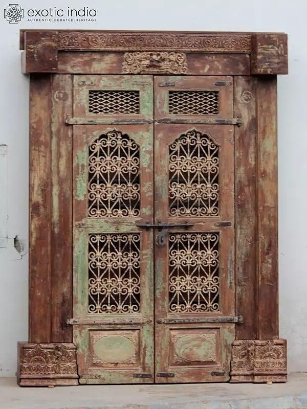 exotic india 84" Large Handcarved Traditional Wood Door With Designer Top And Frame | Wood Door 
