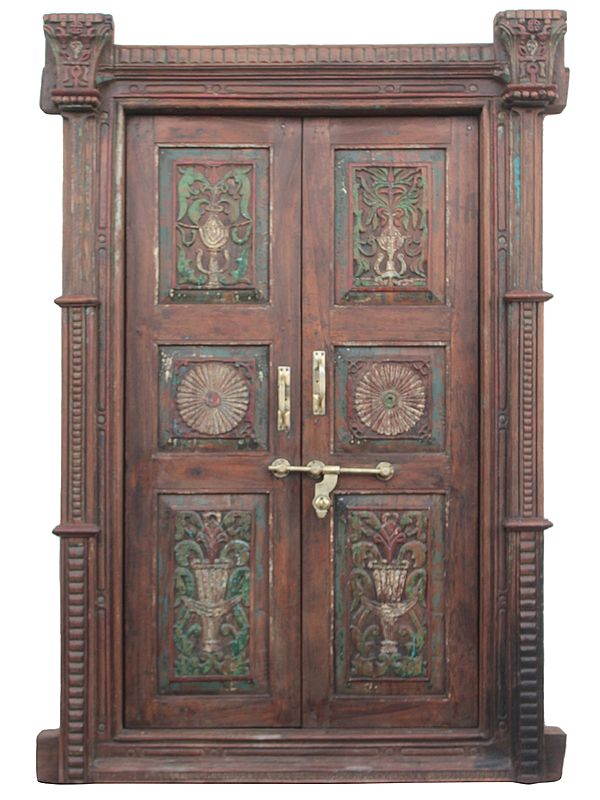 exotic india 84" Large Traditional Carving Teak Wood Heavy Door 