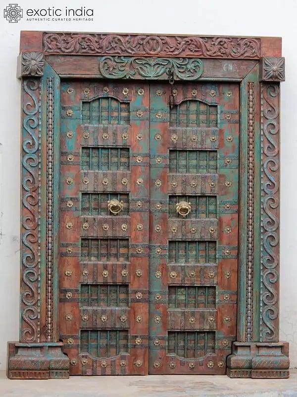 Exotic India 84" Large Traditional Designer Wood Door With Frame And Iron Knock | Wood Door
