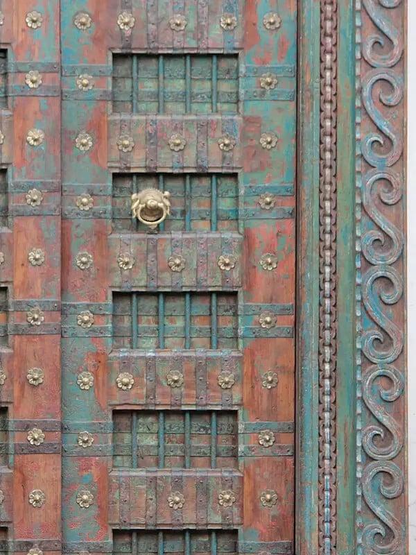 Exotic India 84" Large Traditional Designer Wood Door With Frame And Iron Knock | Wood Door