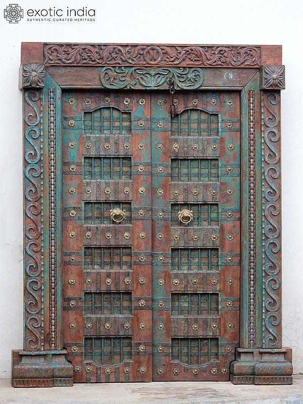 exotic india 84" Large Traditional Designer Wood Door With Frame And Iron Knock | Wood Door 