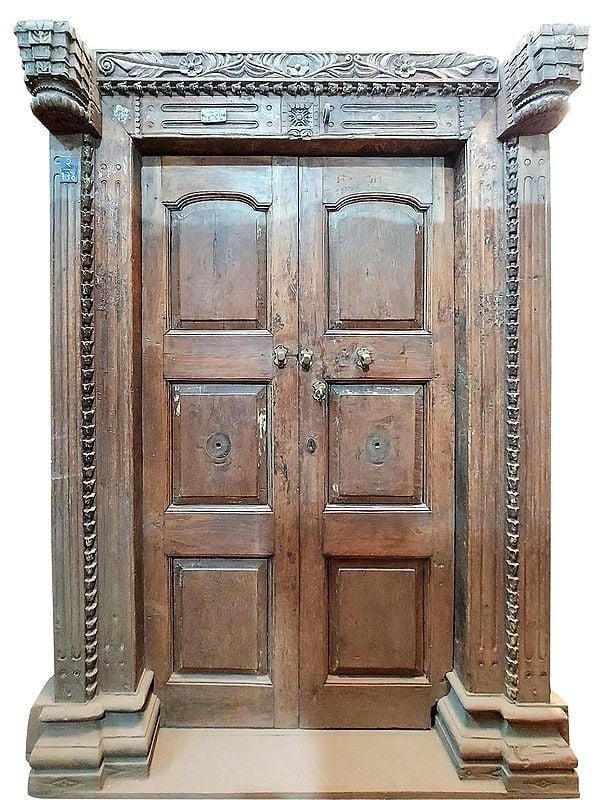 exotic india 85" Large Rajasthani Indian Double Door | Wood Door