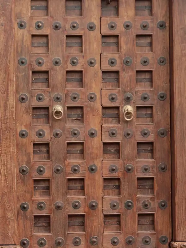 Exotic India 85" Large Square Design Indian Wood Door With Carving On The Top | Wood Door 