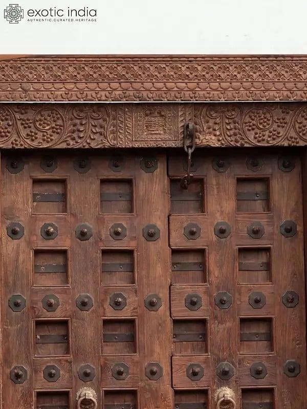 Exotic India 85" Large Square Design Indian Wood Door With Carving On The Top | Wood Door 