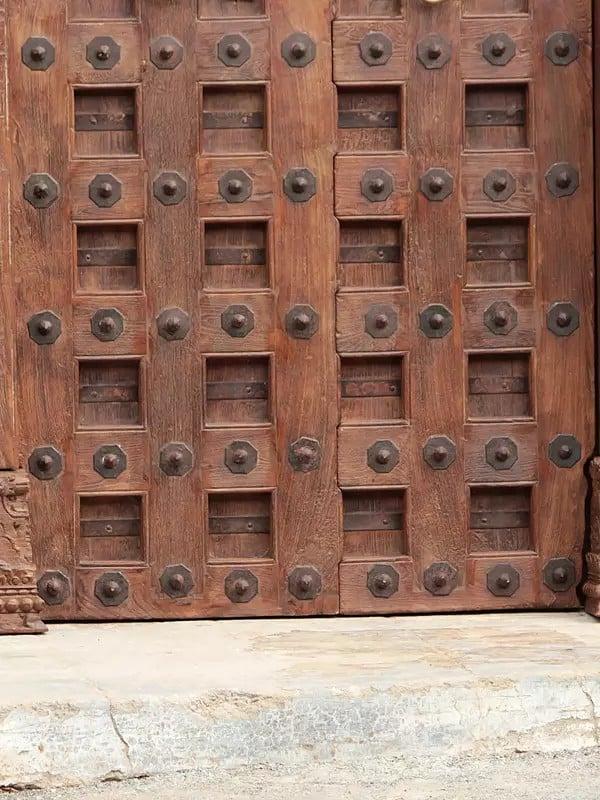 Exotic India 85" Large Square Design Indian Wood Door With Carving On The Top | Wood Door 