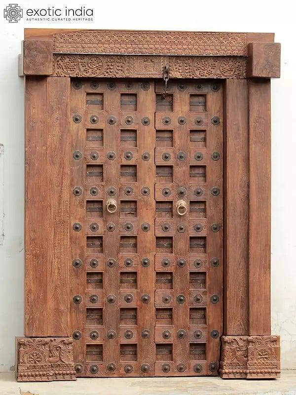 exotic india 85" Large Square Design Indian Wood Door With Carving On The Top | Wood Door 