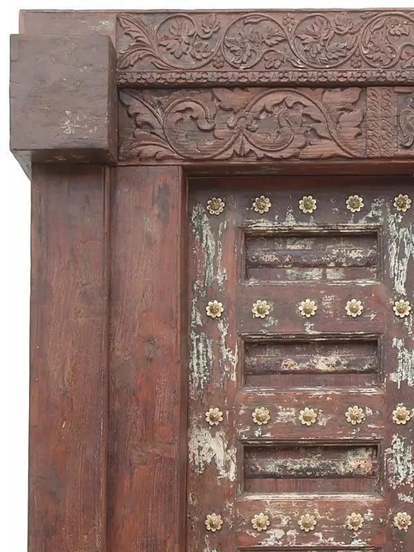 Exotic India 86" Large Traditional Flower Carved Teak Wood Door With Knock