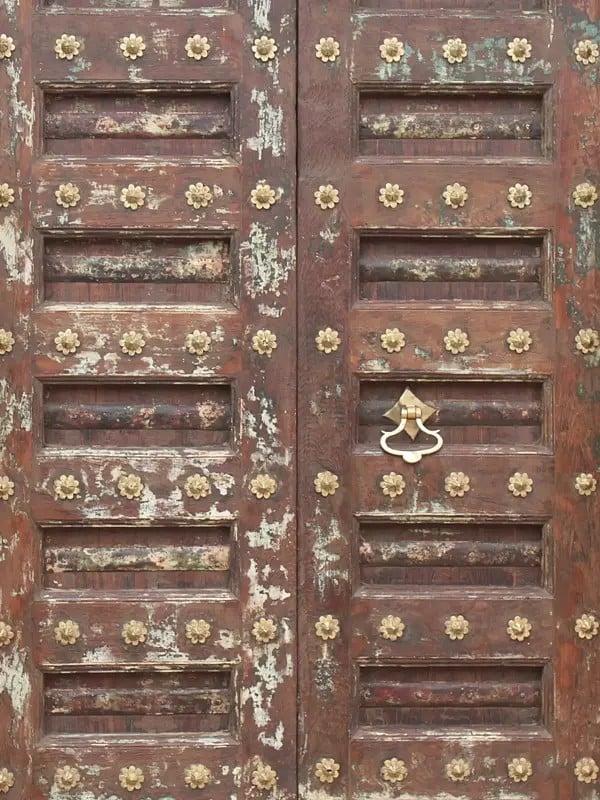 Exotic India 86" Large Traditional Flower Carved Teak Wood Door With Knock