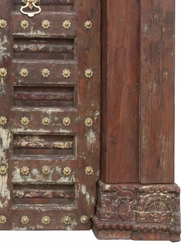 Exotic India 86" Large Traditional Flower Carved Teak Wood Door With Knock
