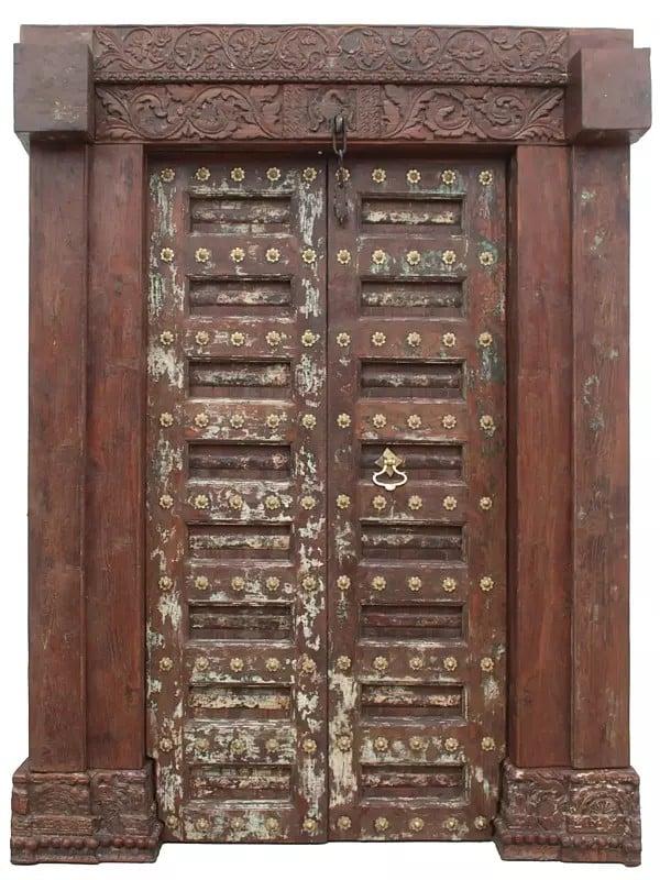 exotic india 86" Large Traditional Flower Carved Teak wood Door With Knock 