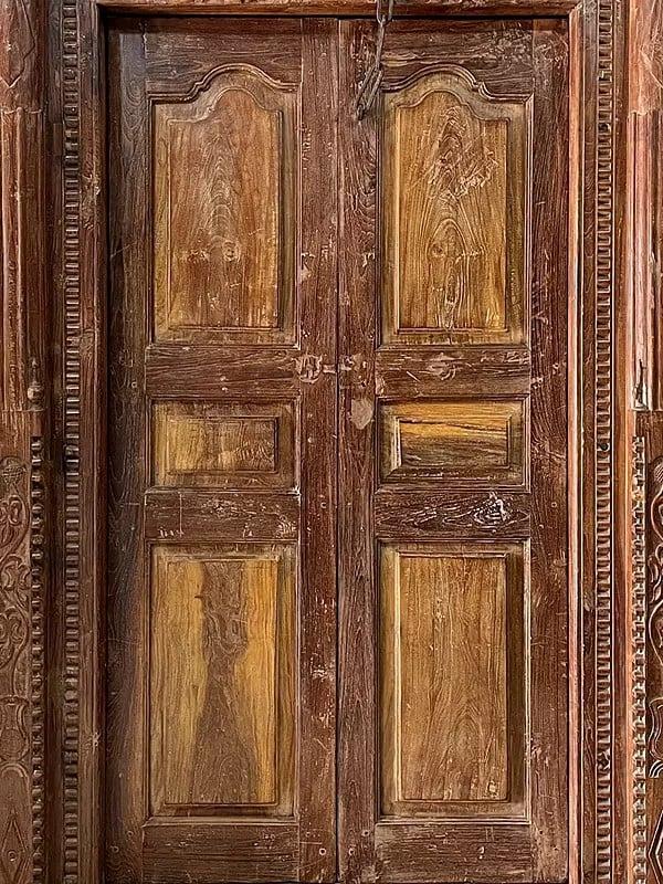Exotic India 86" Large Traditional Hand Flower Carved Old Teak Wood Door