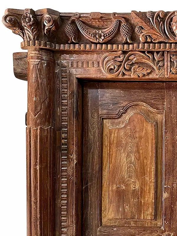 Exotic India 86" Large Traditional Hand Flower Carved Old Teak Wood Door