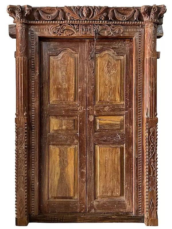 exotic india 86" Large Traditional Hand Flower Carved Old Teak Wood Door 