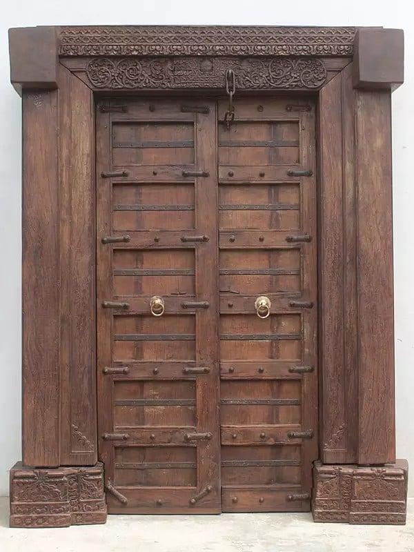 exotic india 86" Large Traditional Iron Strip Wood Door