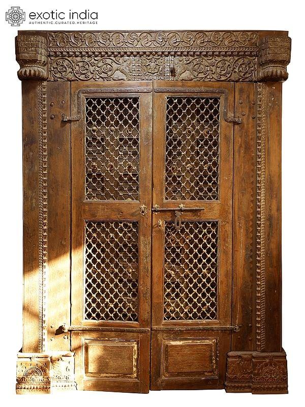 Exotic India 86" Large Vintage Double Door With Frame From Jodhpur | Home Temple Decor 
