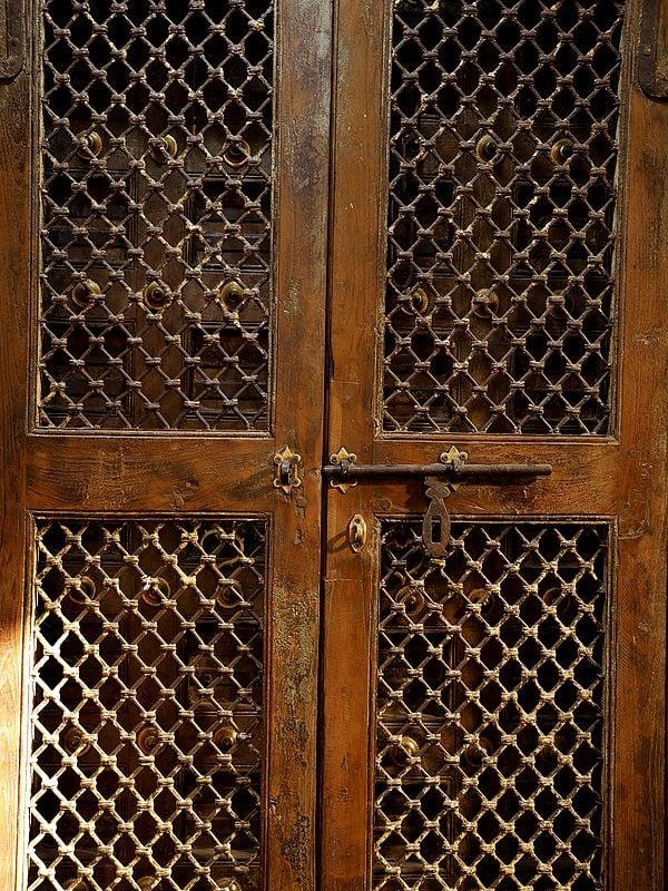 Exotic India 86" Large Vintage Double Door With Frame From Jodhpur | Home Temple Decor 