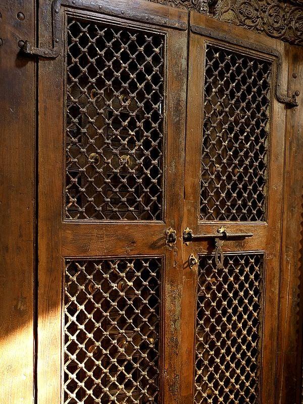 Exotic India 86" Large Vintage Double Door With Frame From Jodhpur | Home Temple Decor 