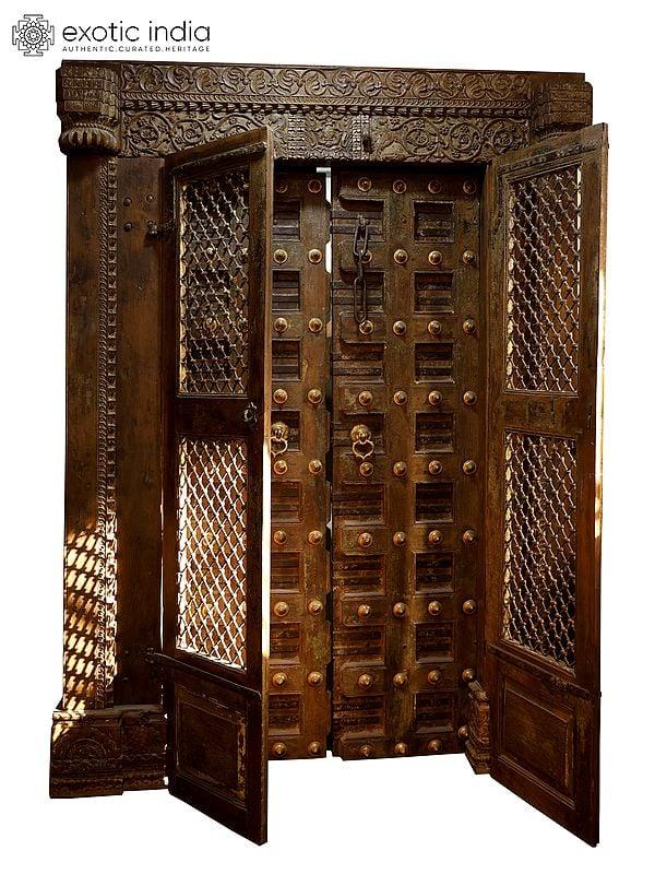 exotic india 86" Large Vintage Double Door with Frame from Jodhpur | Home Temple Decor 