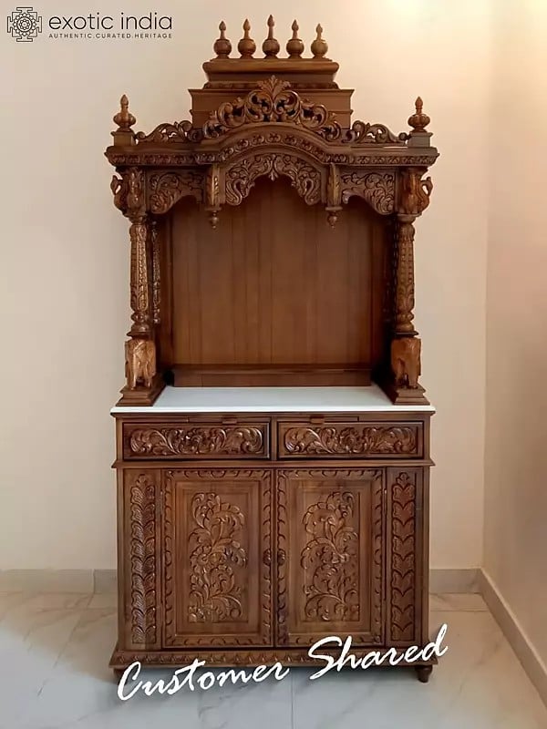 Exotic India 87" Large Size Designer Puja Temple With Drawers 