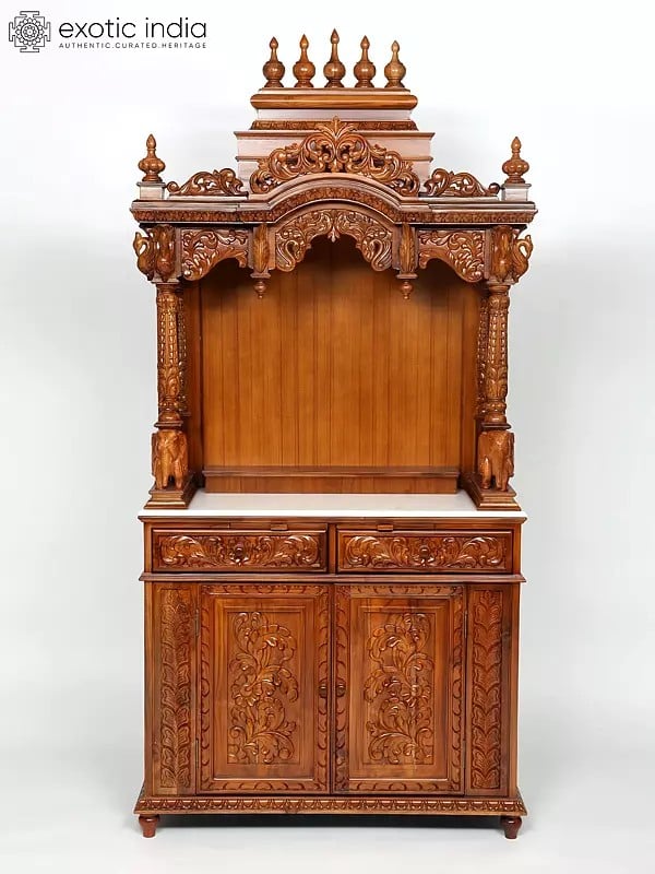 exotic india 87" Large Size Designer Puja Temple with Drawers 