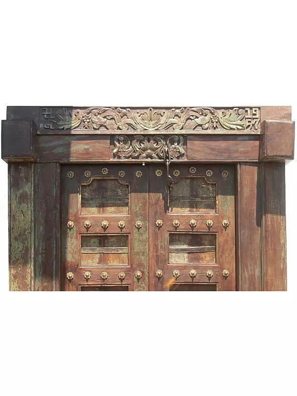 Exotic India 87" Large Traditional Upper Side Carving Wood Door With Iron Small Flower In Panel And Iron Knock 