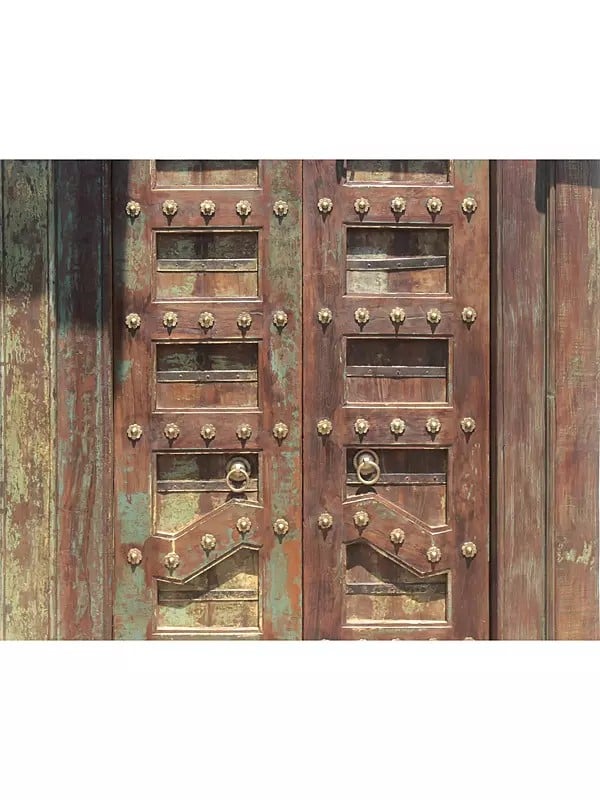 Exotic India 87" Large Traditional Upper Side Carving Wood Door With Iron Small Flower In Panel And Iron Knock 