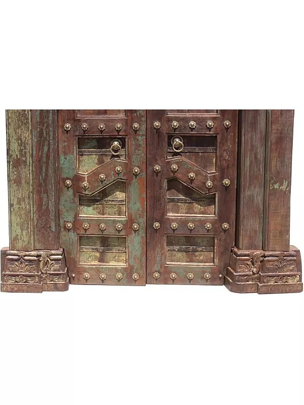 Exotic India 87" Large Traditional Upper Side Carving Wood Door With Iron Small Flower In Panel And Iron Knock 