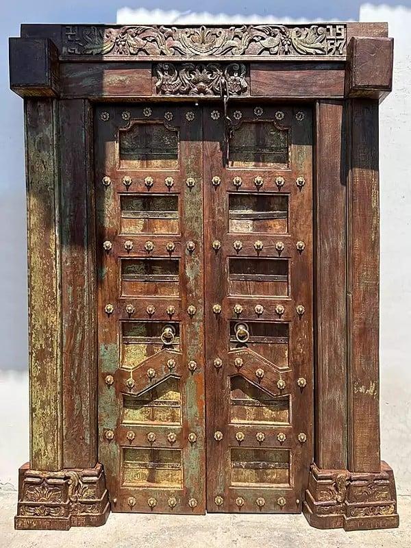 exotic india 87" Large Traditional Upper Side Carving Wood Door With Iron Small Flower In Panel And Iron Knock 